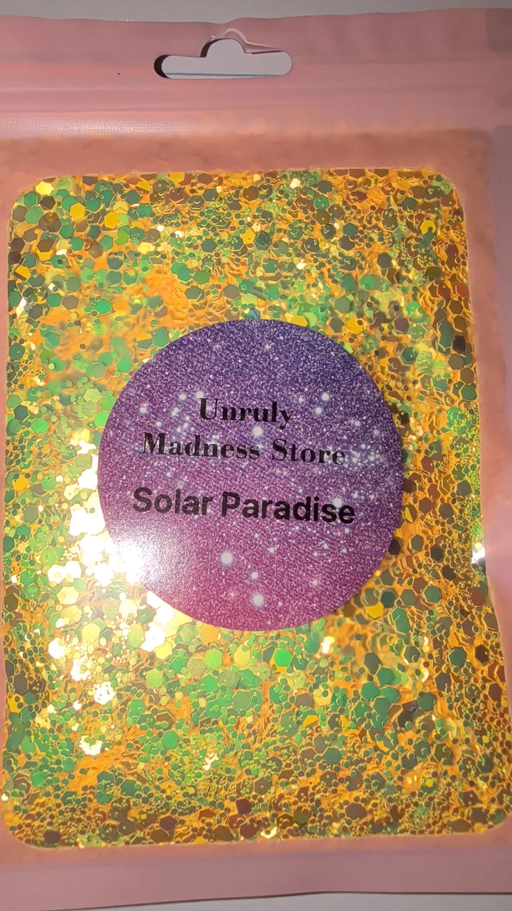 Solar Paradise 2oz polyester glitter in yellow and green hues packaging