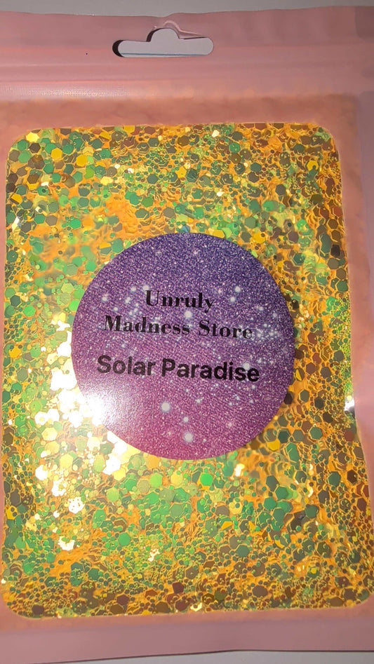 Solar Paradise 2oz polyester glitter in yellow and green hues packaging
