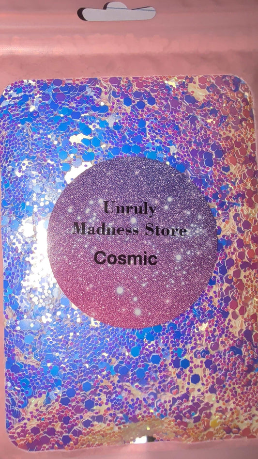 Cosmic 2oz polyester glitter in holographic packaging with purple label
