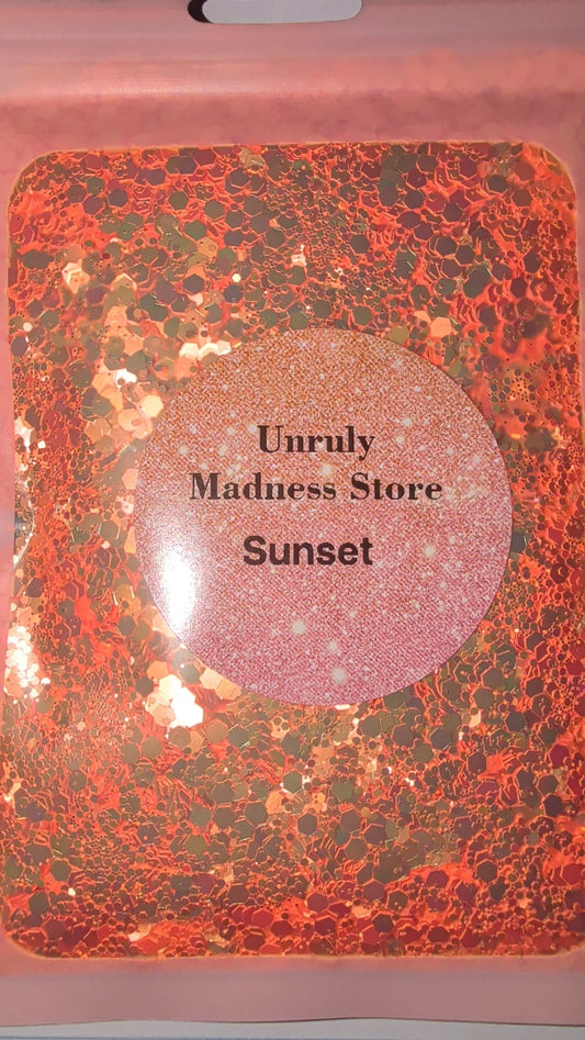 2oz polyester glitter in sunset color with orange and gold shimmer packaging