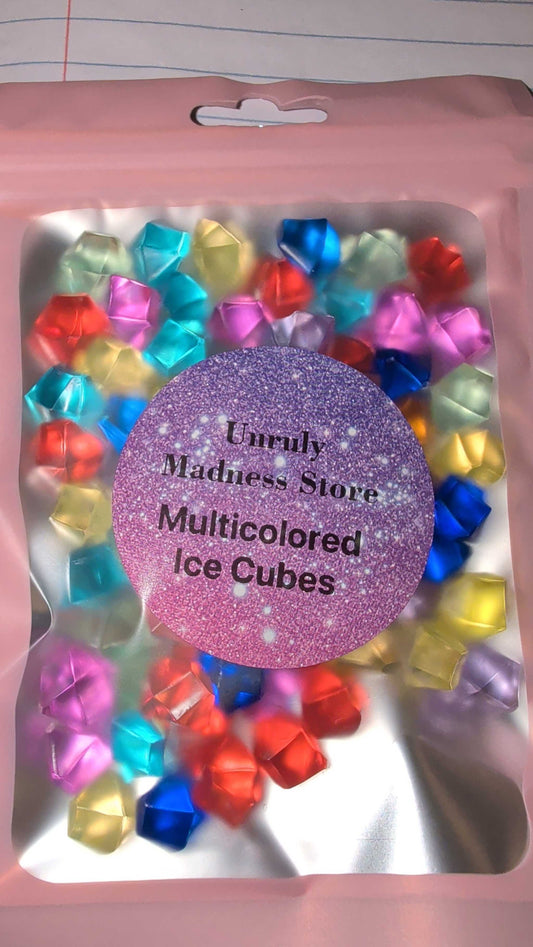 Package of multicolored ice cubes made of 2oz polyester glitter in various vibrant colors