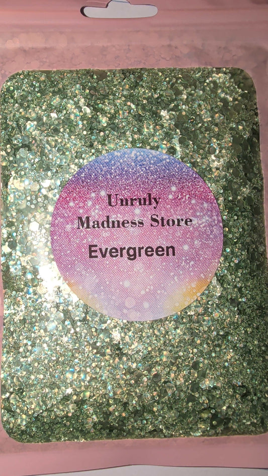 2oz bag of Evergreen polyester glitter from Unruly Madness Store in green shade