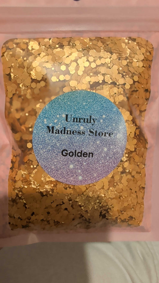 Golden 2oz polyester glitter in resealable bag from Unruly Madness Store