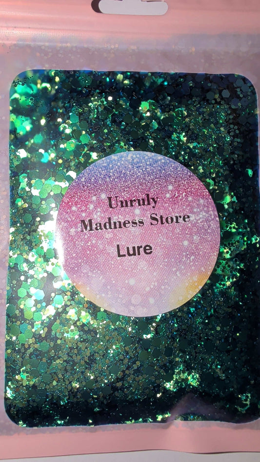 2oz polyester glitter in green and blue shades from Unruly Madness Store labeled Lure