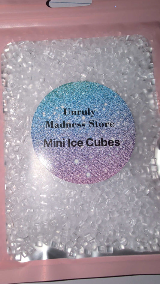 Clear mini ice cubes polyester glitter in a sealed bag labeled Mini Ice Cubes